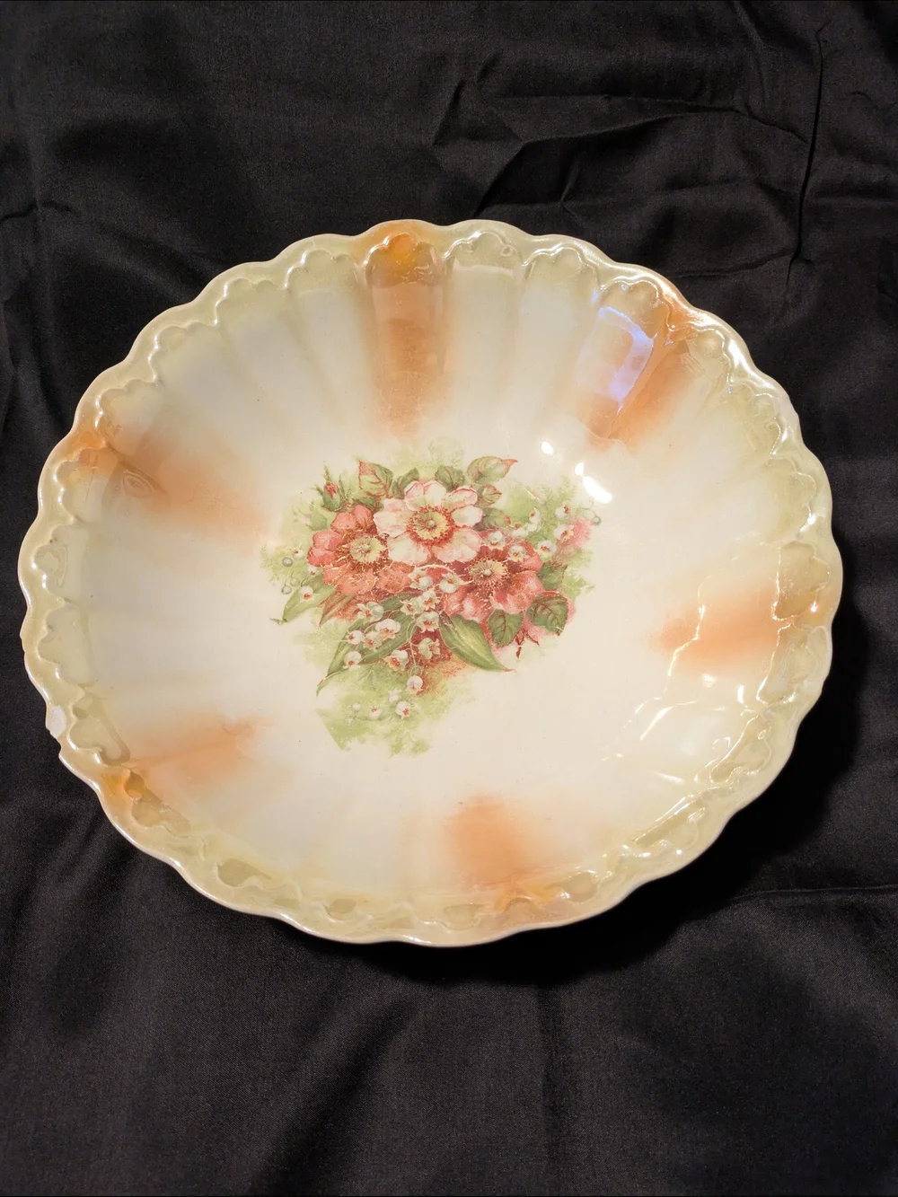 Vintage German Floral Scalloped Serving Bowl in Peach and Cream